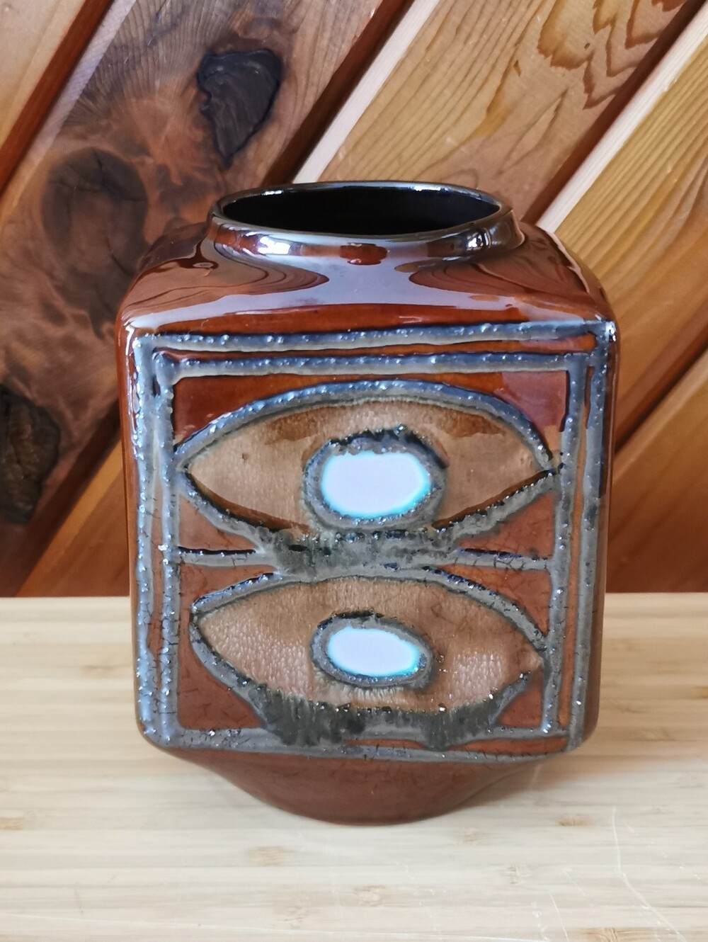 Vintage East Germany Art Pottery Vase Geometric Brown Ceramic MCM 7”